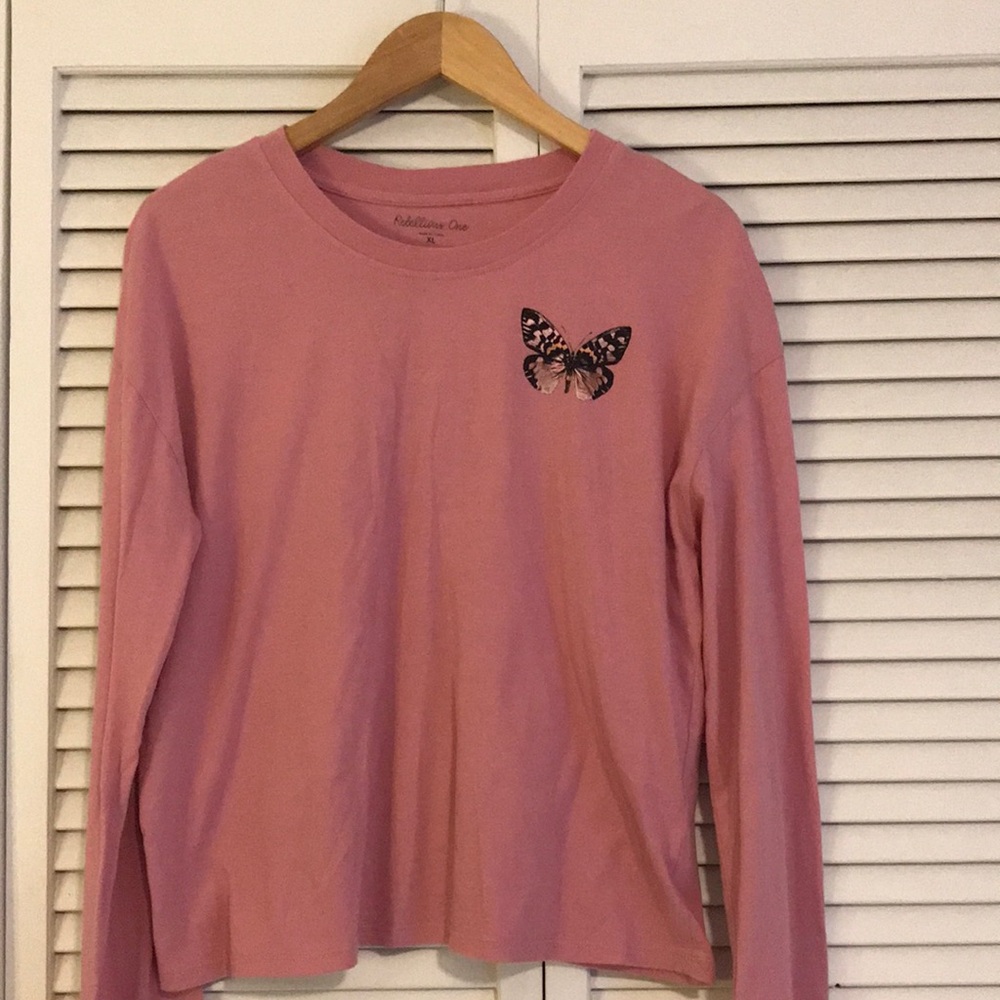 Rebellious One Pink Long Sleeve Shirt with Butterfly Design. SZ XL